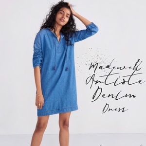 Madewell “Artiste” boho blue denim chambray front tie tassels dress size XXS